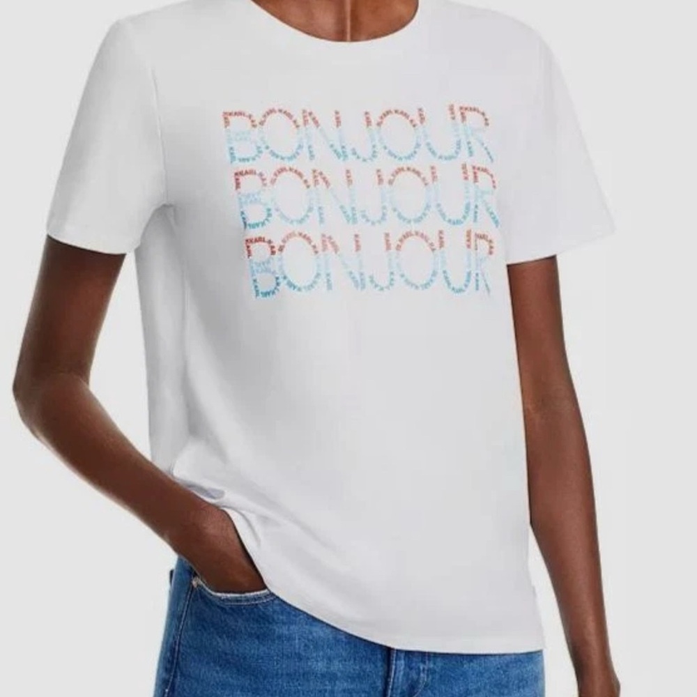 Karl‎ Lagerfeld White Graphic Tee with Bonjour Print, size Medium NWT - Picture 2 of 7